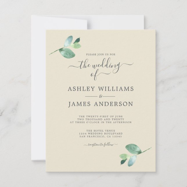 Invitación Moda Script Eucalyptus Foliage Boda mínimo (Anverso)