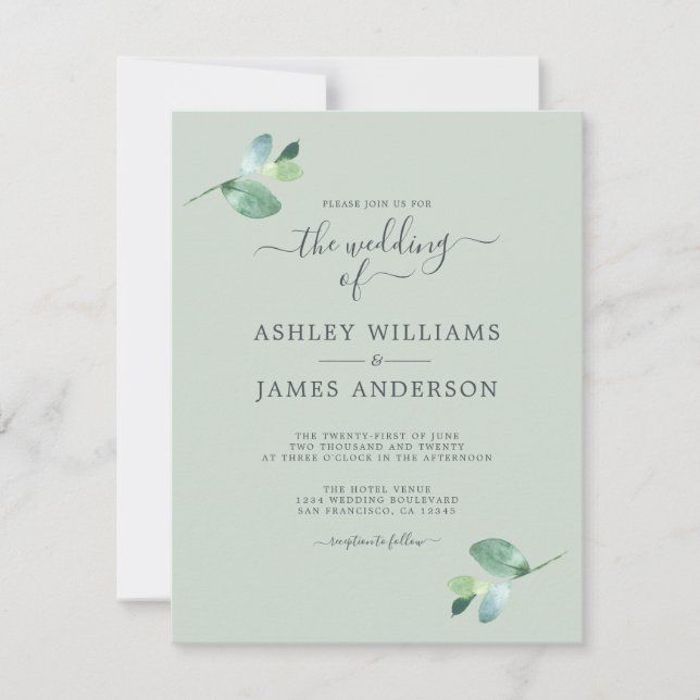 Invitación Moda Script Eucalyptus Foliage Boda mínimo (Anverso)