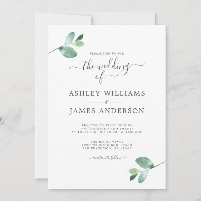 Invitación Moda Script Eucalyptus Foliage Boda mínimo (Anverso)