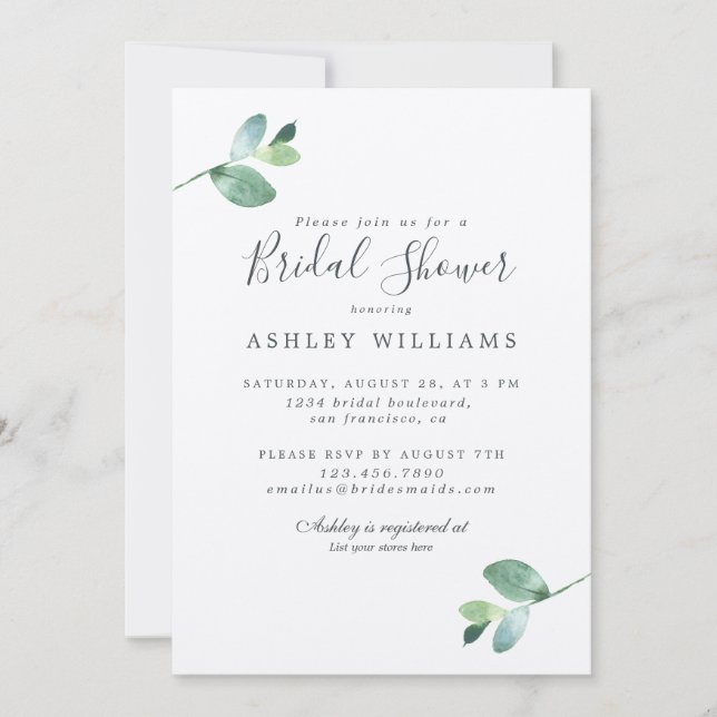 Invitación Moda Script Eucalyptus Foliage Bridal Shower (Anverso)
