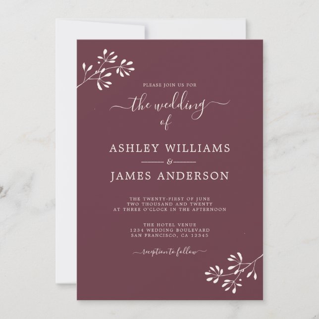 Invitación Moda Script Foliage Burgundy Boda (Anverso)