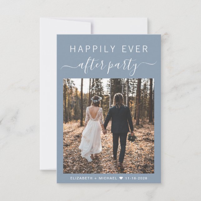 Invitación Moda Script Foto Dusty Blue Wedding Recepcion (Anverso)