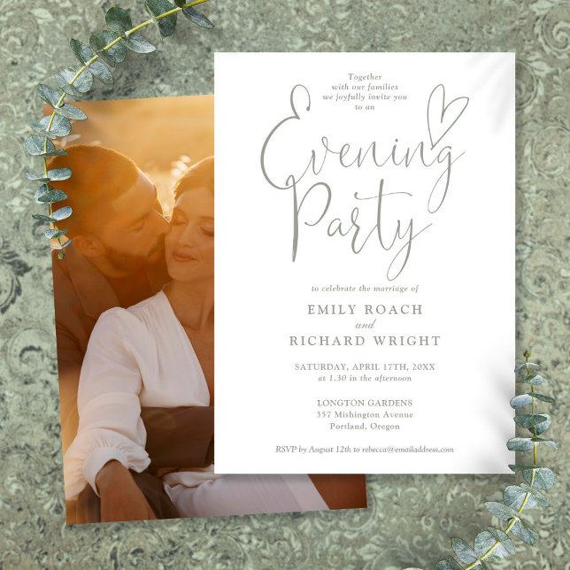 Invitación Moda Script Foto Sage Green Boda Evenil Fiesta (Chic Script Photo Sage Green Wedding Evening Party Invitation)