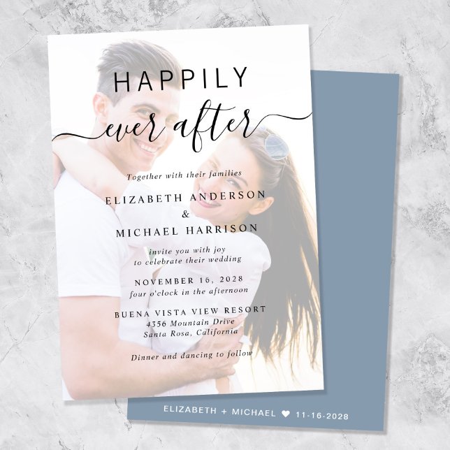 Invitación Moda Script Foto Sobreposición Dusty Blue Boda (A chic Happily Ever After Photo Wedding Invitation)