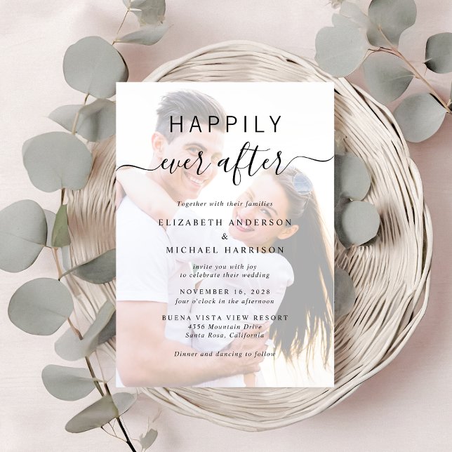 Invitación Moda Script Foto Superposición QR Código Crema Bod (A chic Happily Ever After Photo Wedding Invitation)