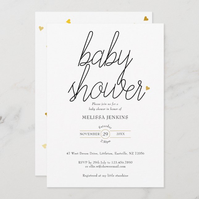 Invitación Moda Script Gold Hearts Baby Shower / Sprinkle (Anverso / Reverso)