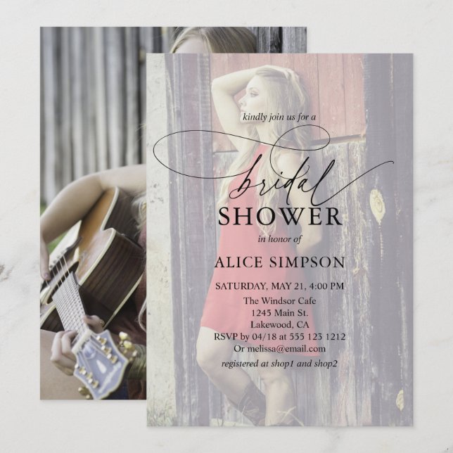 Invitación Moda Script moderno foto ducha de novia (Anverso / Reverso)