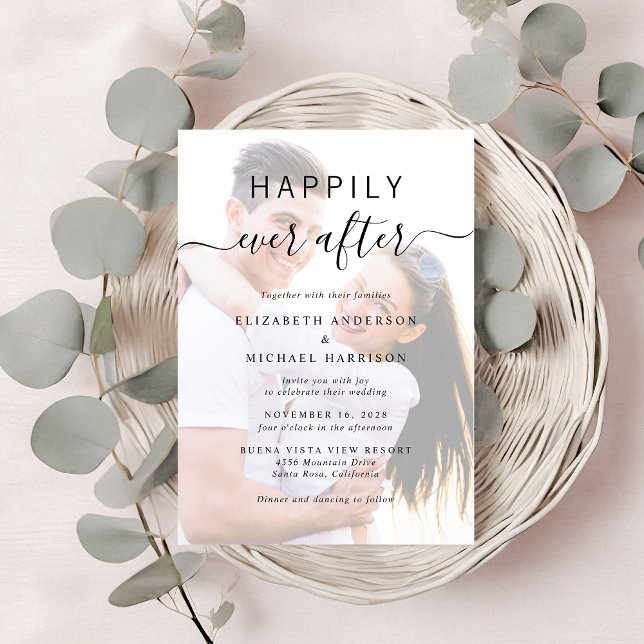 Invitación Moda Script Photo Cream Boda (A chic Happily Ever After Photo Wedding Invitation)