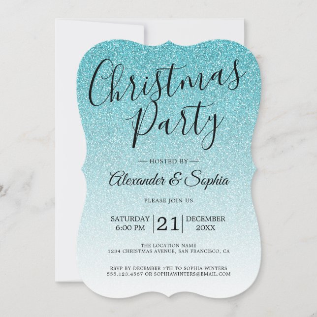 Invitación Moda Script Purpurina Azul Ombre Navidades Fiesta  (Anverso)