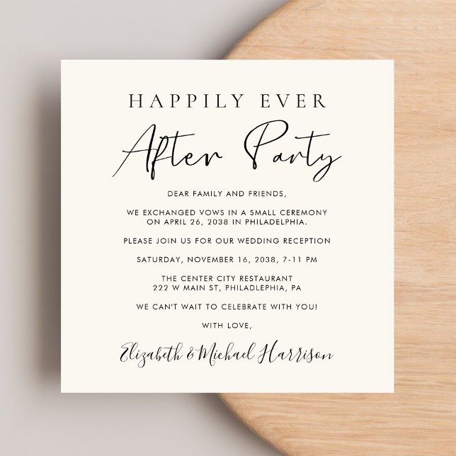 Invitación Moda Script QR Código Crema Boda Recepción (A chic Happily Ever After Party Invitation to set the tone for an unforgettable event)