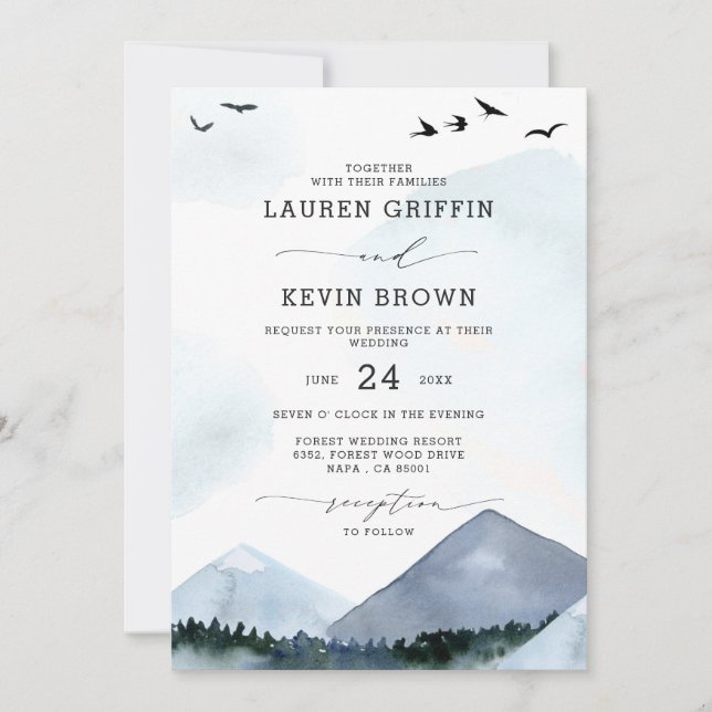 Invitación Moda Script Slate Blue Mountains Boda Forestal (Anverso)
