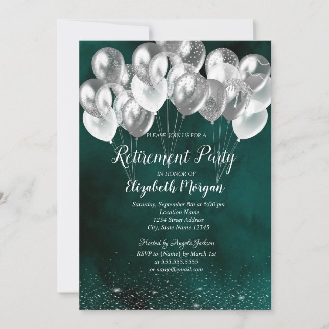 Invitación Moda Silver Confetti Globos Jubilación Verde (Anverso)