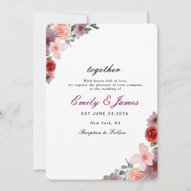 Invitación moda simple acuarela boda floral (Anverso)
