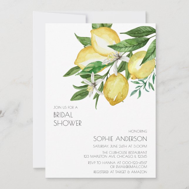 Invitación Moda simple acuarela Citrus limón Ducha nupcial (Anverso)