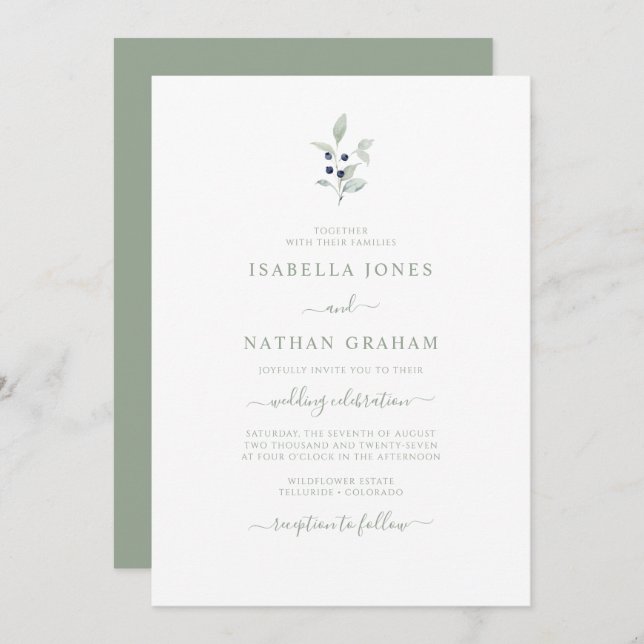 Invitación Moda simple acuarela Sage Boda botánico (Anverso / Reverso)