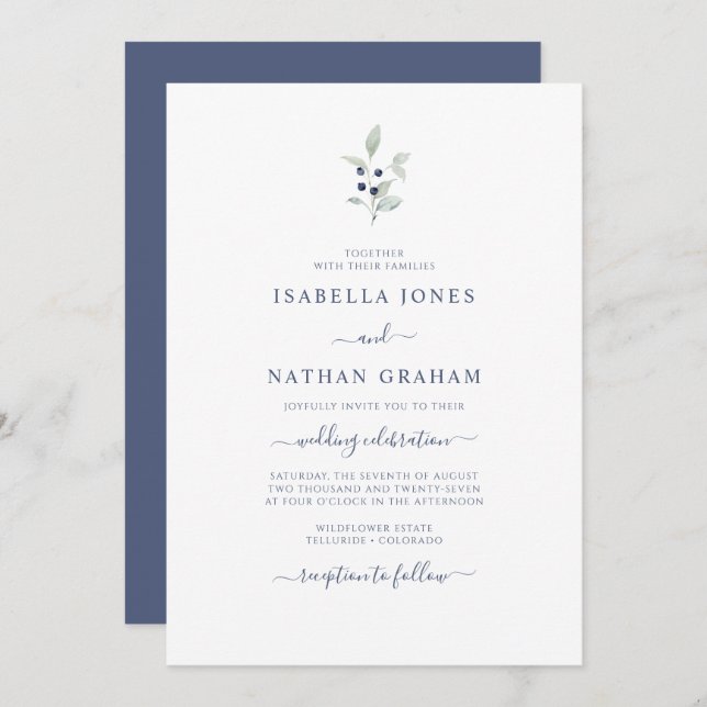 Invitación Moda simple acuarela Sage Boda botánico (Anverso / Reverso)