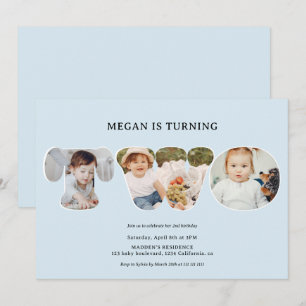 Invitación Moda Simple azul claro 3 fotos 2º cumpleaños