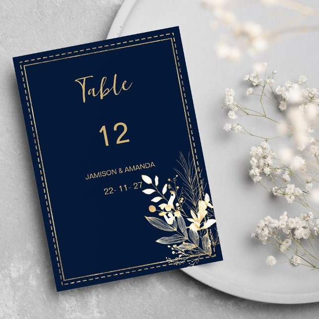 Invitación Moda simple azul marino oro floral Números de tabl (Simple chic navy blue gold floral Table Numbers )
