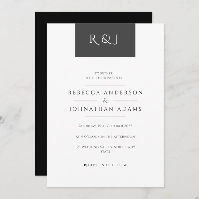 Invitación Moda simple Boda monogramado blanco y negro (Anverso / Reverso)