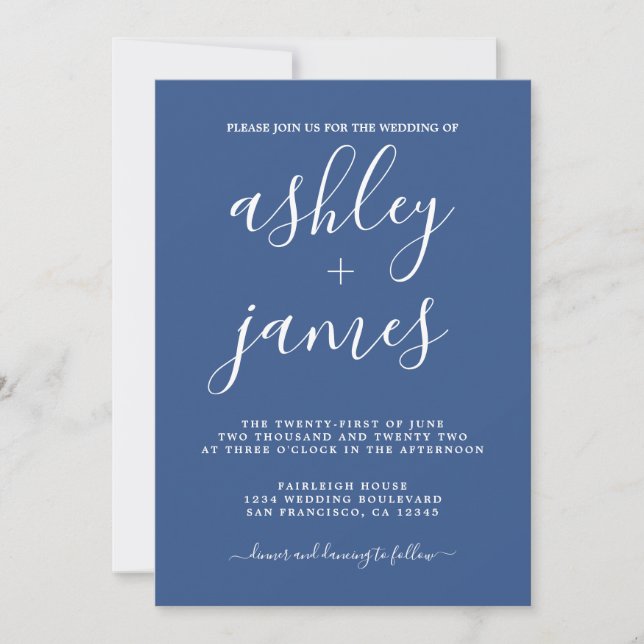 Invitación Moda simple caligrafía Boda azul clásico (Anverso)