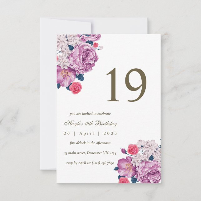 Invitación Moda simple con morado floral 19 cumpleaños (Anverso)