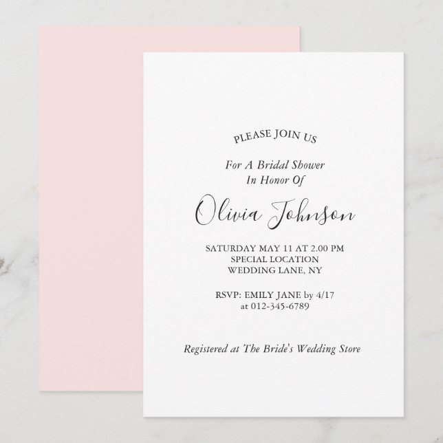 Invitación Moda simple elegante Rubor ducha de novia rosa (Anverso / Reverso)