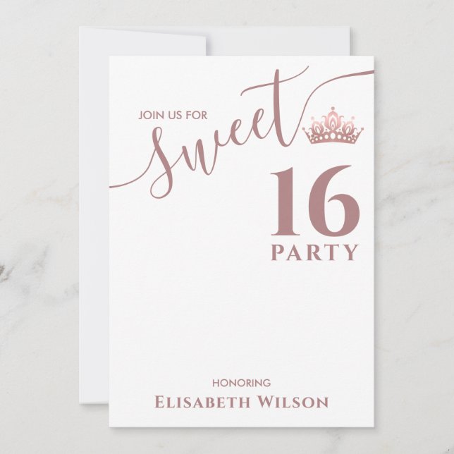 Invitación Moda simple Guay rosa oro tiara dulce 16 (Anverso)