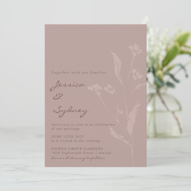Invitación Moda simple guión botánico Dusty Mauve Boda (Anverso de pie)