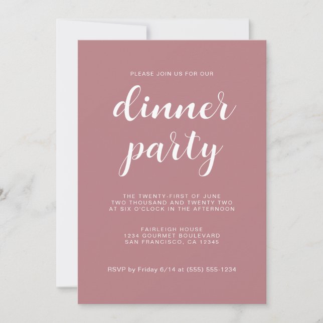 Invitación Moda simple guión  Rosa de Fiesta de cena (Anverso)