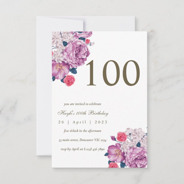 Invitación Moda simple morada floral 100 cumpleaños (Anverso)