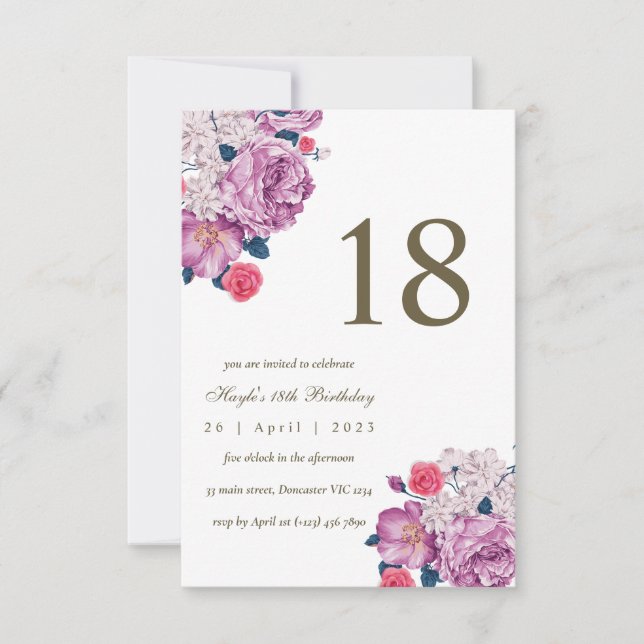 Invitación Moda simple morada floral botánica 18 cumpleaños (Anverso)
