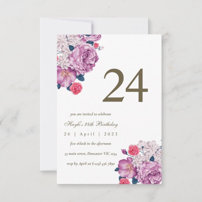 Invitación Moda simple morada floral botánica 24º cumpleaños (Anverso)