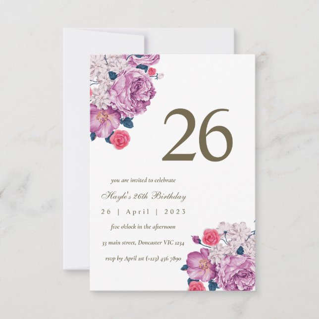 Invitación Moda simple morada floral botánica 26º cumpleaños (Anverso)