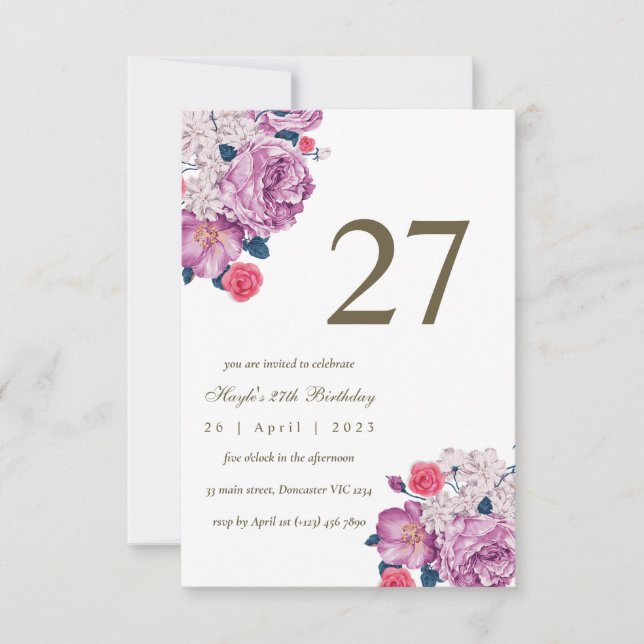 Invitación Moda simple morada floral botánica 27 cumpleaños (Anverso)