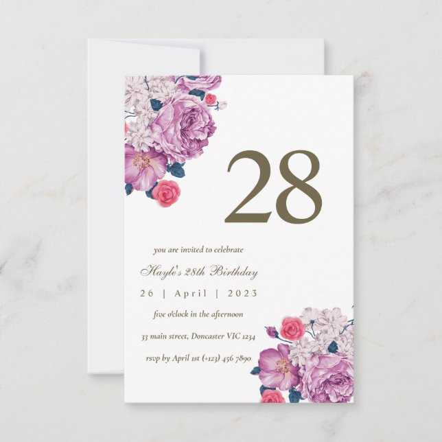 Invitación Moda simple morada floral botánica 28º cumpleaños (Anverso)