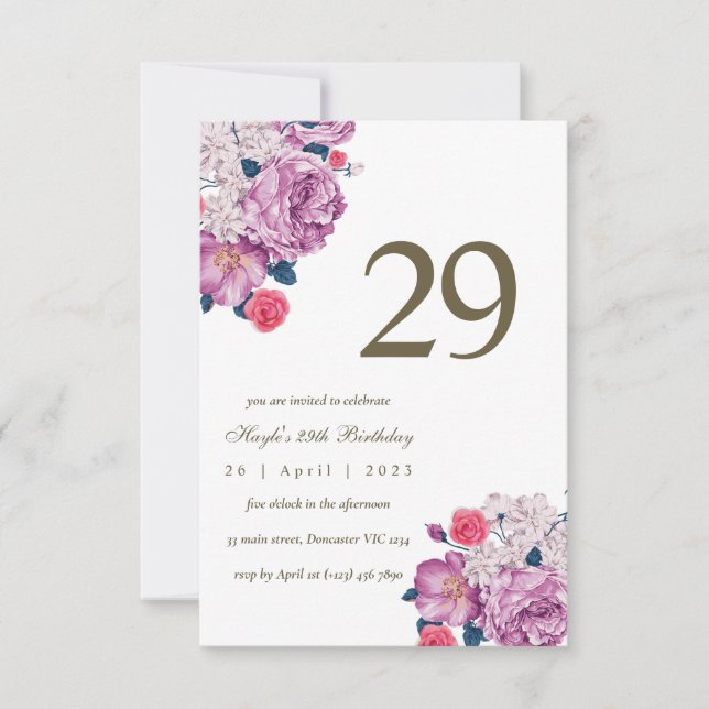 Invitación Moda simple morada floral botánica 29 cumpleaños (Anverso)