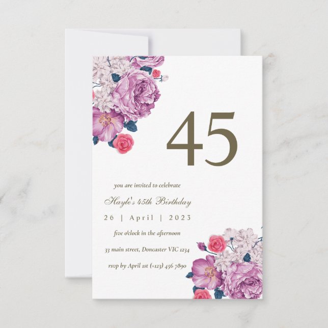 Invitación Moda simple morada floral botánica 45º cumpleaños (Anverso)