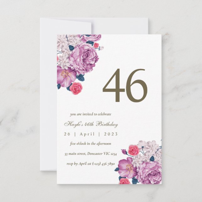Invitación Moda simple morada floral botánica 46º cumpleaños (Anverso)