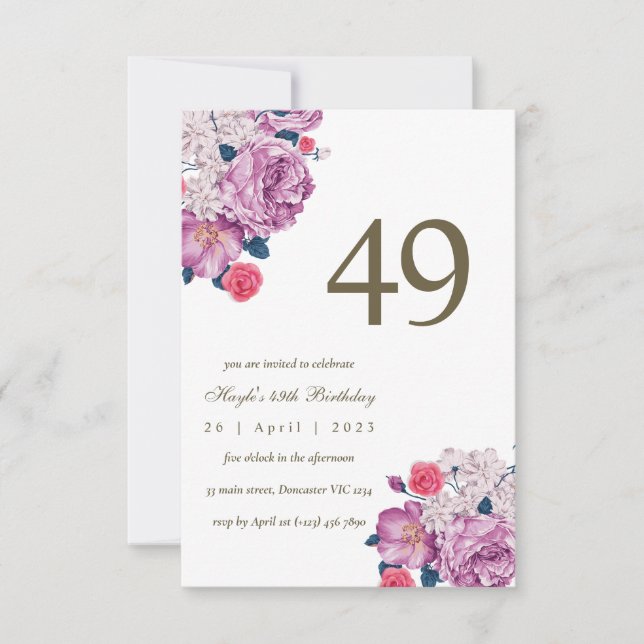 Invitación Moda simple morada floral botánica 49º cumpleaños (Anverso)