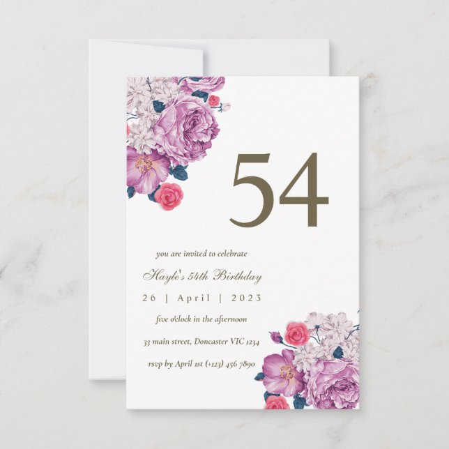 Invitación Moda simple morada floral botánica 54º cumpleaños (Anverso)