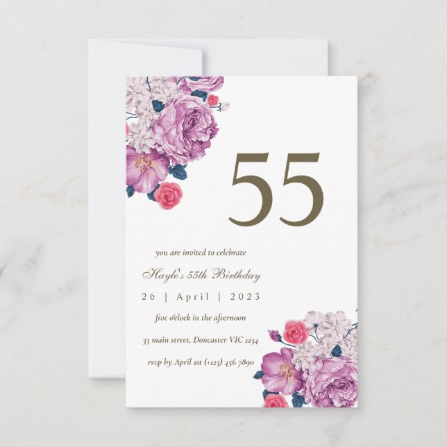 Invitación Moda simple morada floral botánica 55º cumpleaños (Anverso)
