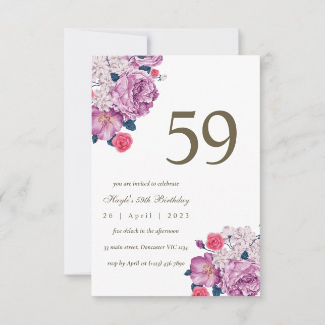 Invitación Moda simple morada floral botánica 59º cumpleaños (Anverso)
