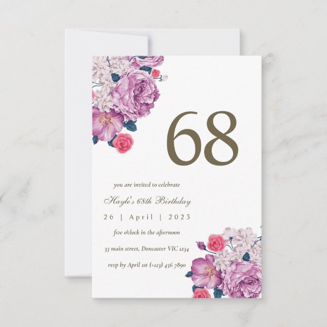 Invitación Moda simple morada floral botánica 68º cumpleaños (Anverso)
