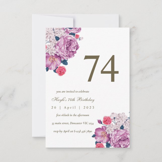 Invitación Moda simple morada floral botánica 74º cumpleaños (Anverso)