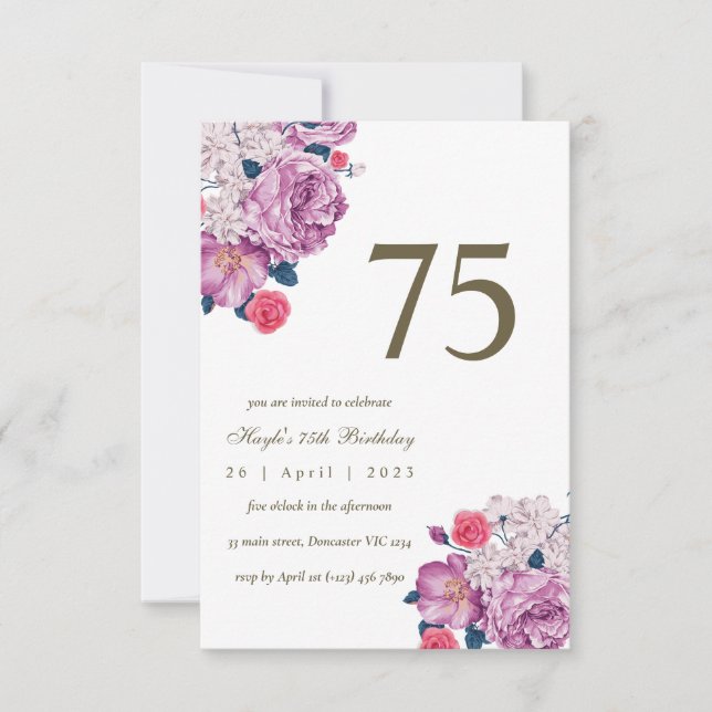 Invitación Moda simple morada floral botánica 75º cumpleaños (Anverso)