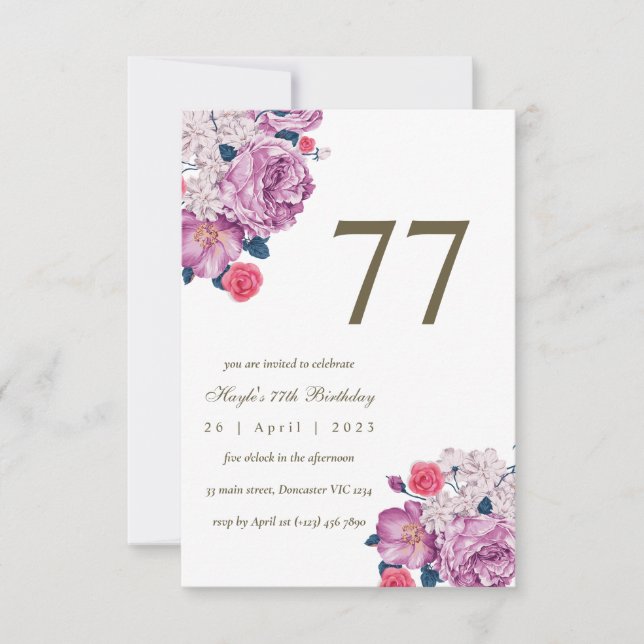 Invitación Moda simple morada floral botánica 77º cumpleaños (Anverso)