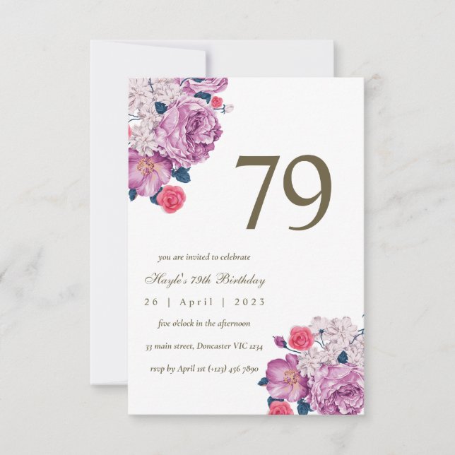 Invitación Moda simple morada floral botánica 79º cumpleaños (Anverso)
