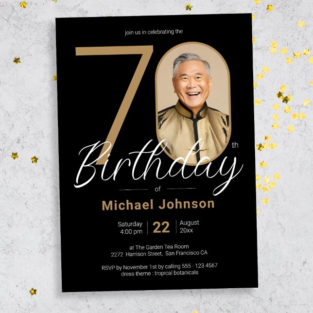 Invitación Moda simple Oro Negro Foto 70 cumpleaños (Mockup View)