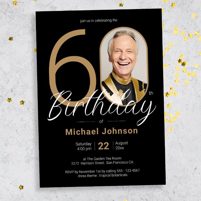 Invitación Moda simple oro Personalizado negro foto 60 cumple (Mockup View)