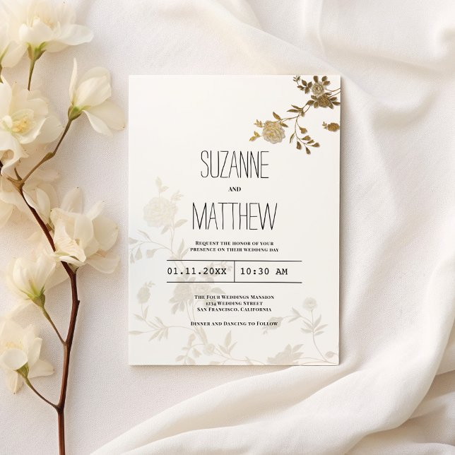 Invitación Moda simple purpurina de oro blanco Boda floral (Simple chic white gold glitter floral Wedding )
